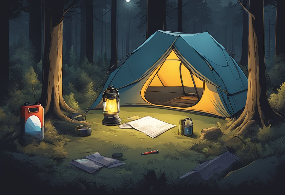 A flashlight illuminates a dark forest, revealing a map, a first aid kit, and a signal mirror. It also shines on a tent, a fire, and a distress signal