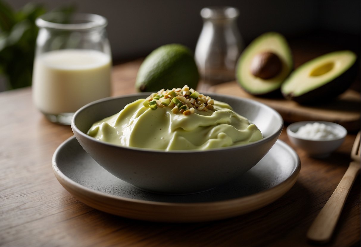 A bowl of yogurt and avocado sits on a countertop. A spoon is mixing the two ingredients together