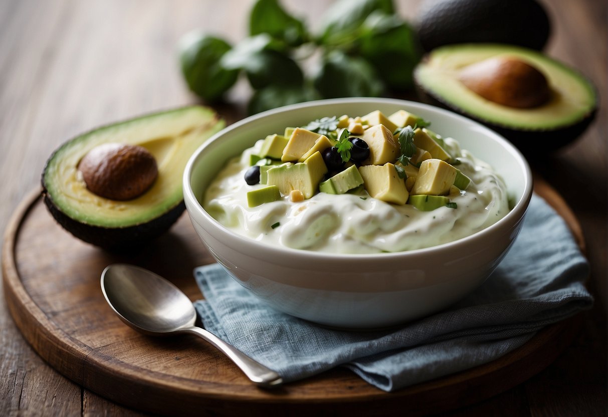 A bowl of mixed yogurt and avocado, with a spoon resting beside it