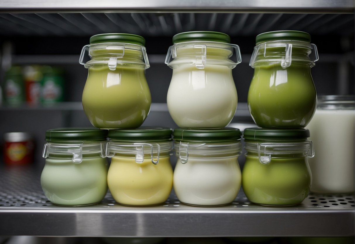Yogurt and avocado in separate airtight containers on a shelf. Keep refrigerated