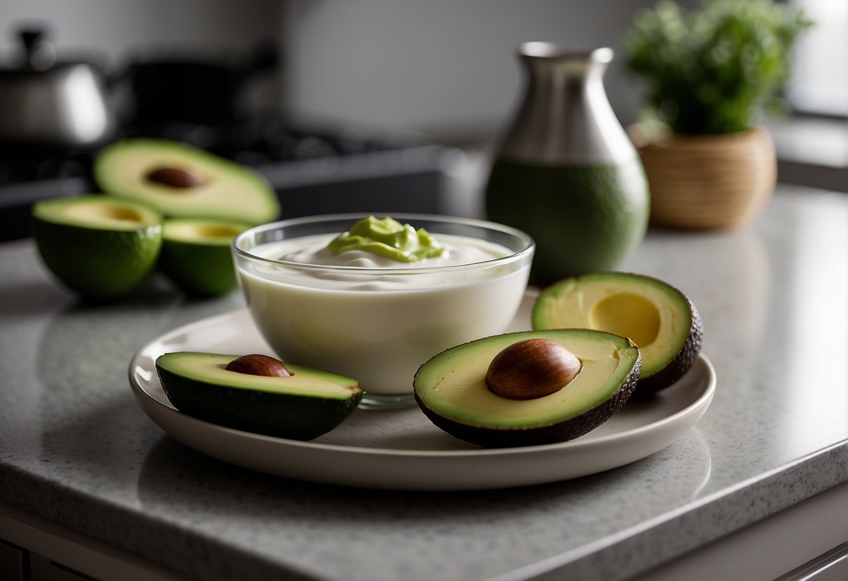 A bowl of yogurt and avocado next to each other on a clean kitchen counter