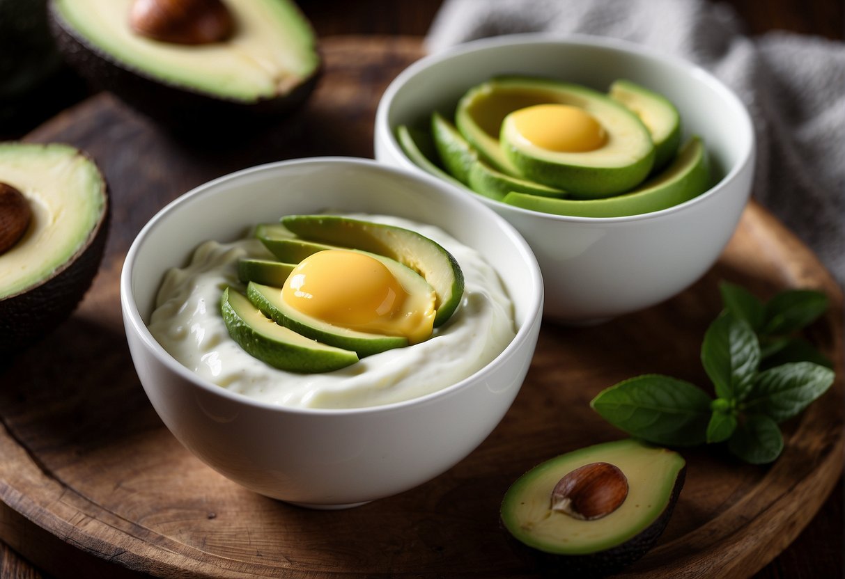 A bowl of yogurt and avocado sit side by side, with a question mark hovering above them