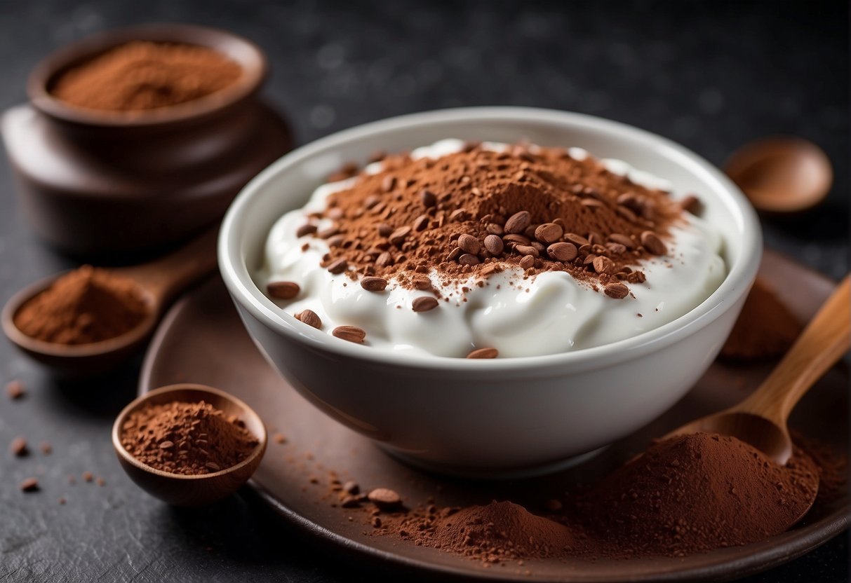 A bowl of yogurt sits next to a pile of cocoa powder. A spoon hovers over the ingredients, ready to mix them together