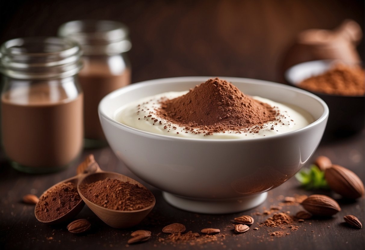 Yogurt and cocoa powder blend in a bowl, creating a creamy, chocolatey mixture
