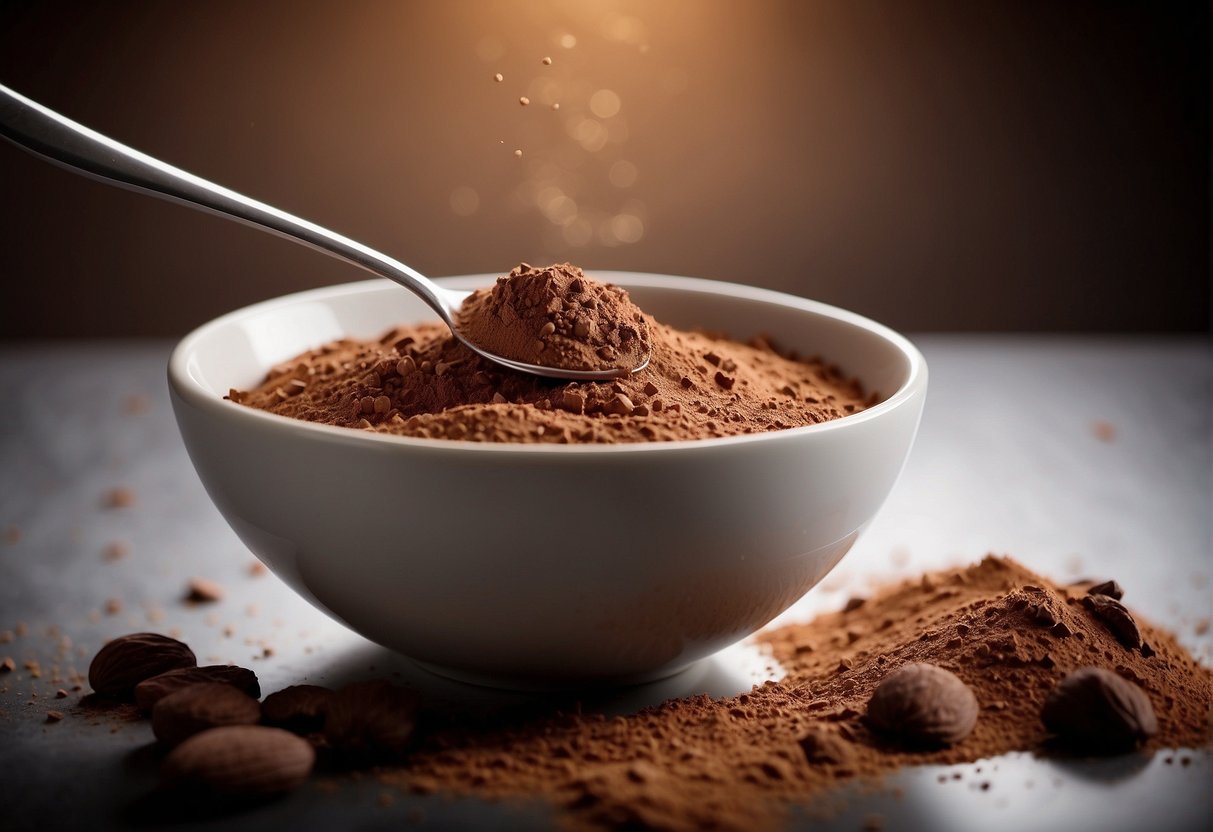 A spoonful of cocoa powder being stirred into a bowl of yogurt