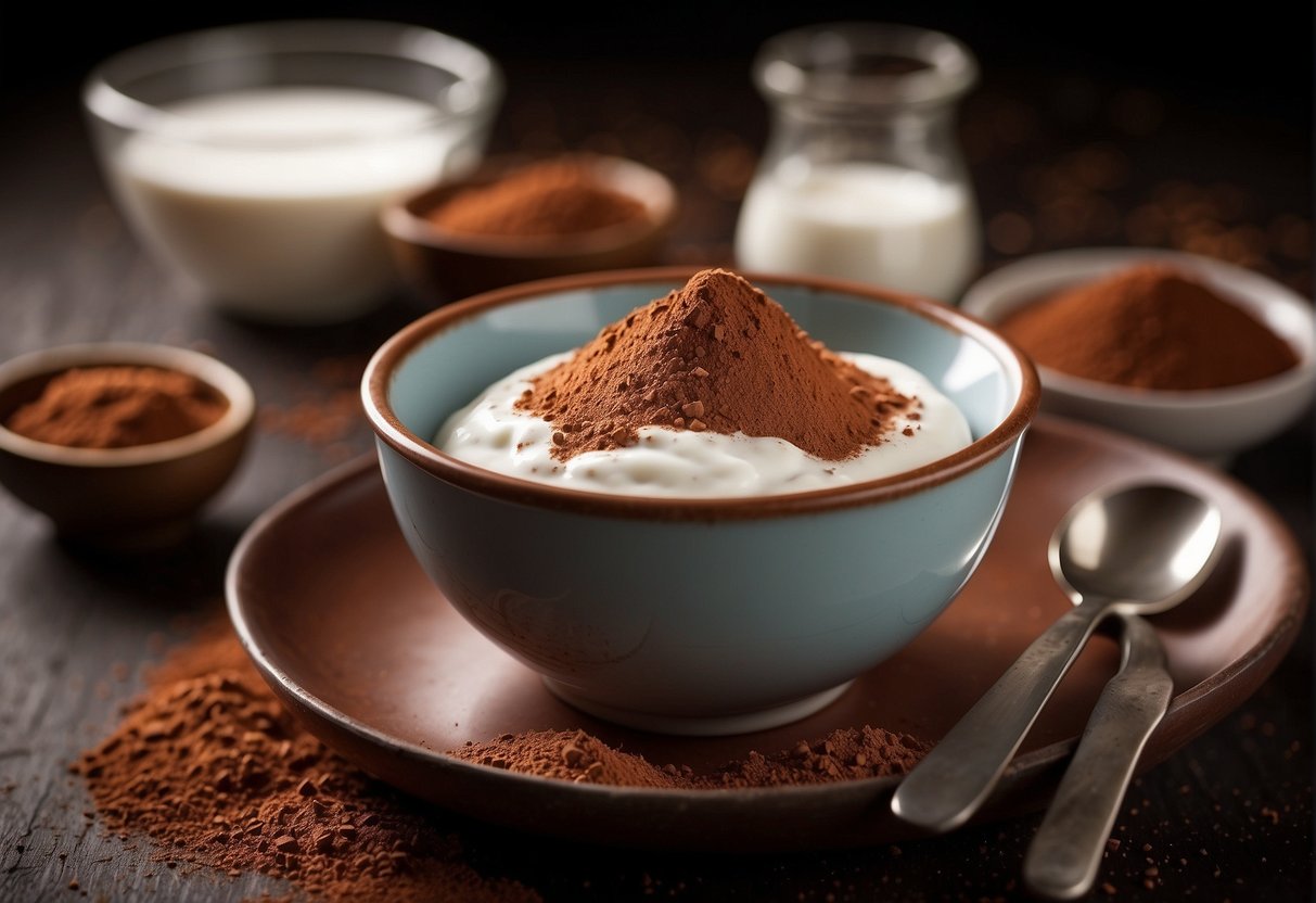 A spoon mixing cocoa powder into a bowl of yogurt. A container of yogurt and a packet of cocoa powder are nearby