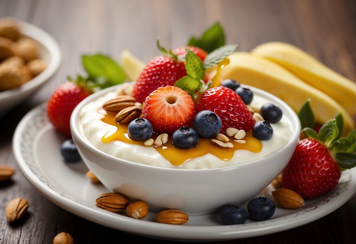 A bowl of creamy yogurt with a drizzle of golden honey on top, surrounded by fresh fruits and nuts