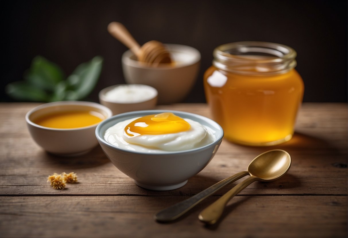 A small bowl of yogurt sits next to a jar of honey, with a spoon resting on the edge