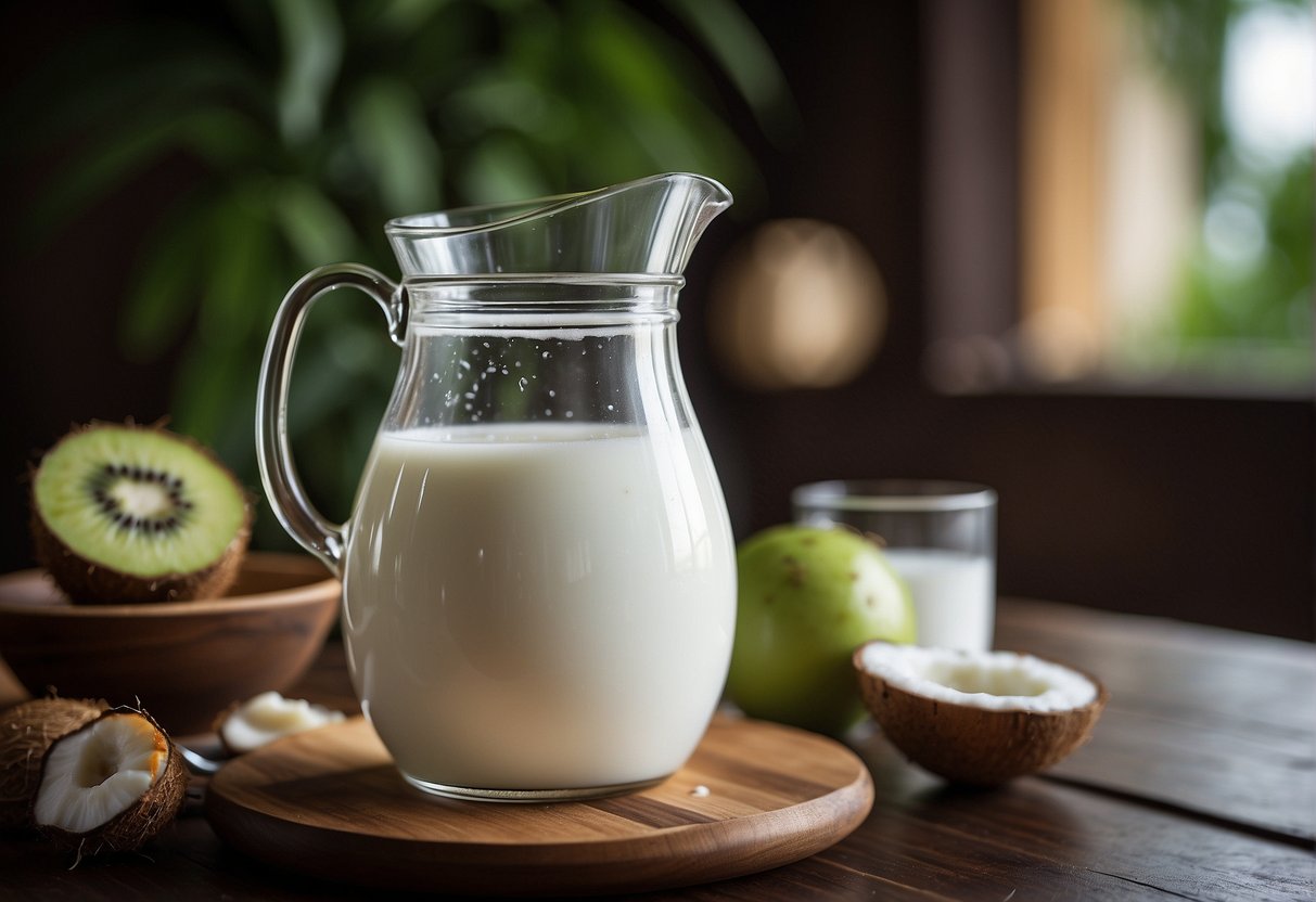 Yogurt and coconut water blend in a glass pitcher