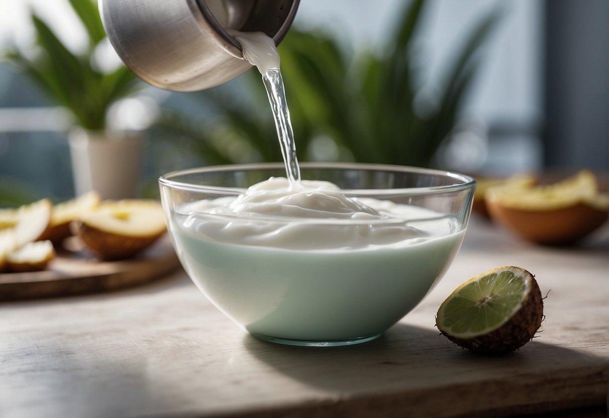 Yogurt and coconut water being poured into a mixing bowl
