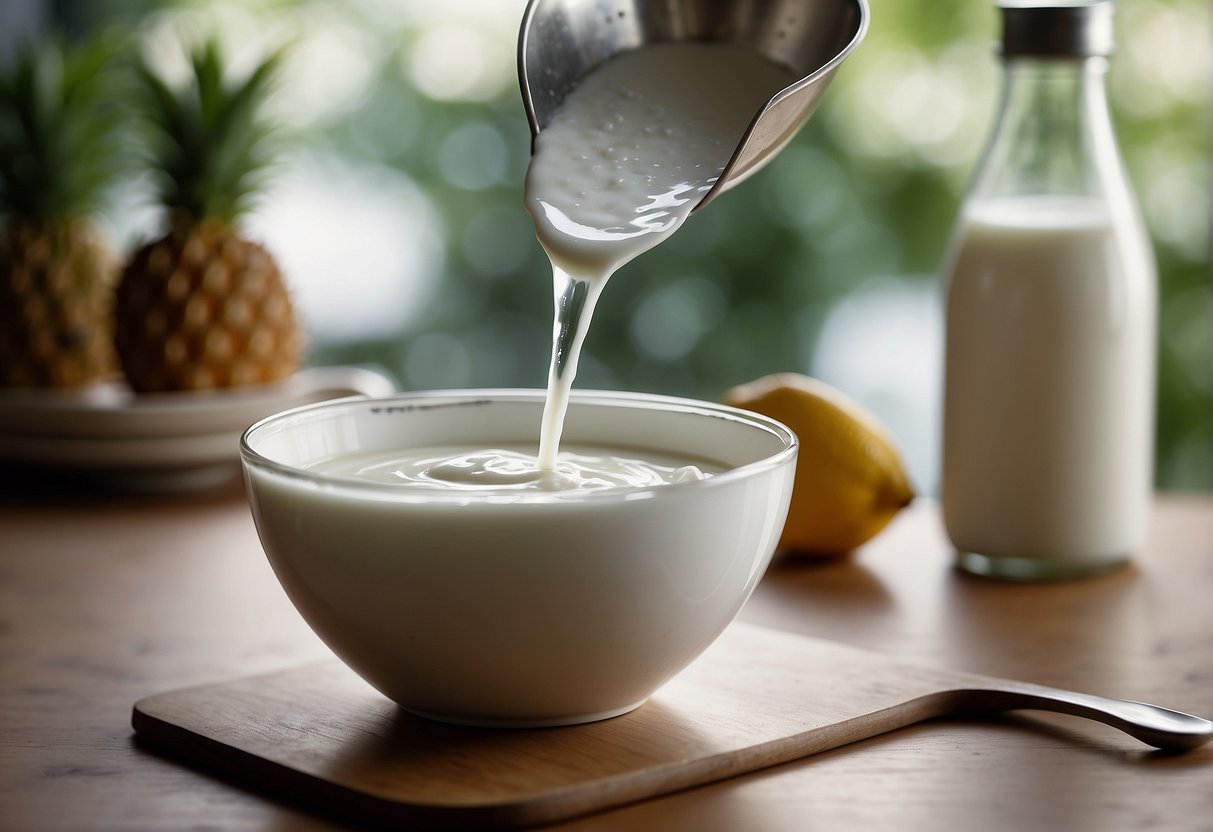 Yogurt and coconut water are being poured into a mixing bowl, with a measuring spoon and a storage container nearby
