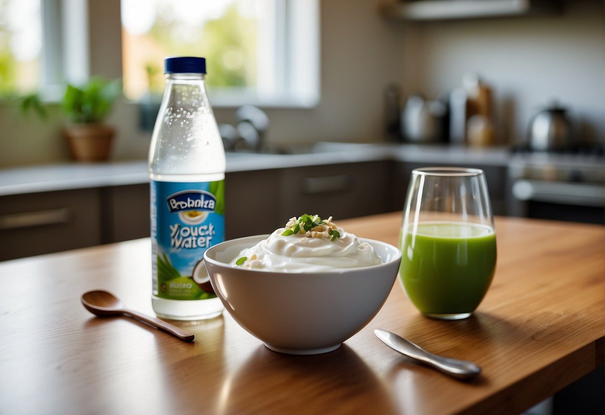 A bowl of yogurt and a bottle of coconut water sit on a kitchen counter, with a spoon nearby