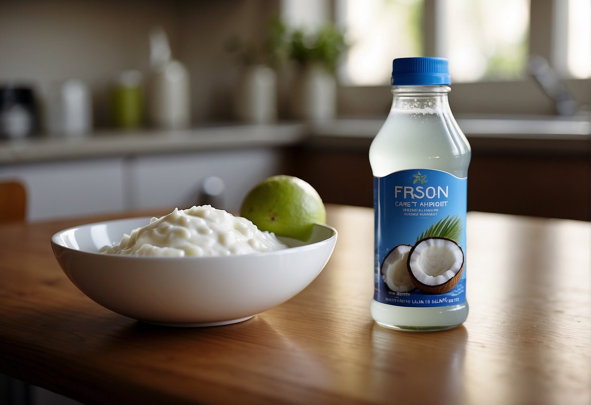 A bowl of yogurt and a bottle of coconut water sit side by side on a kitchen counter, with a question mark hovering above them