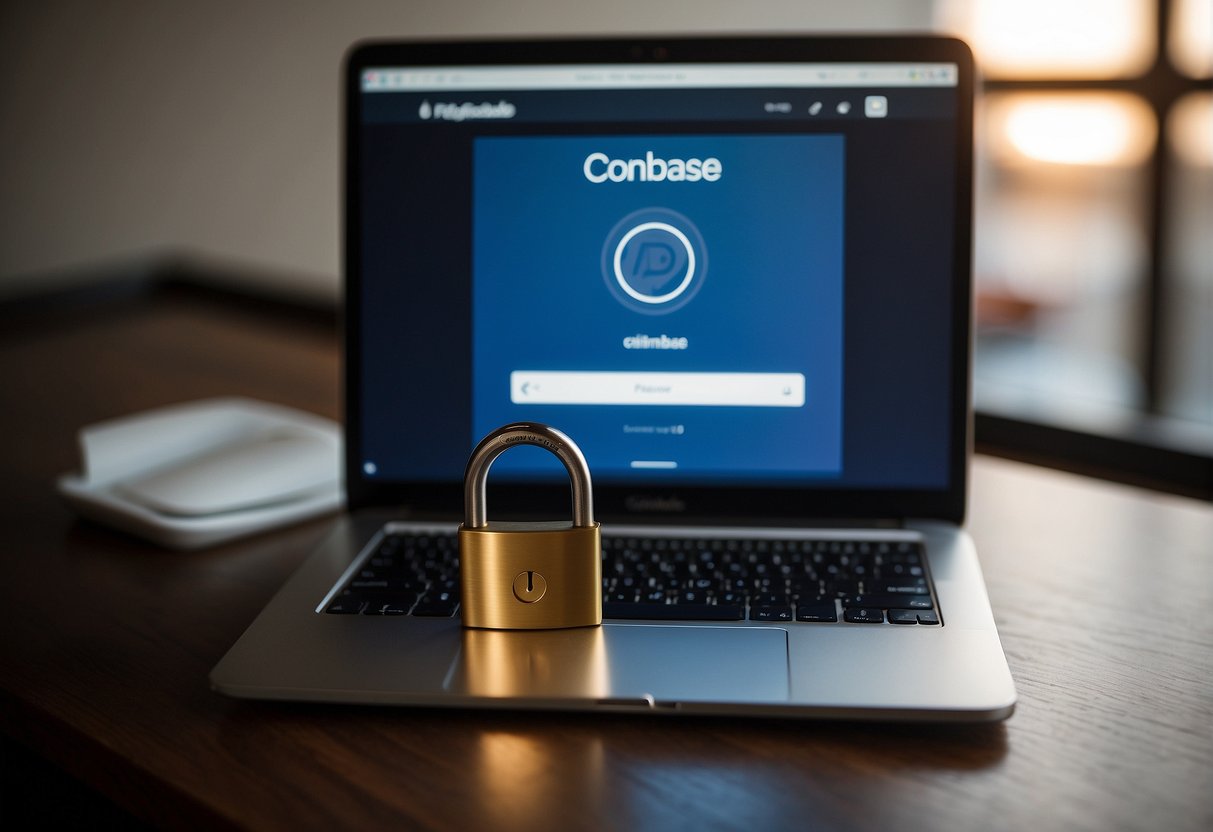 A laptop displaying the Coinbase website while connected to a VPN, with a padlock icon symbolizing security