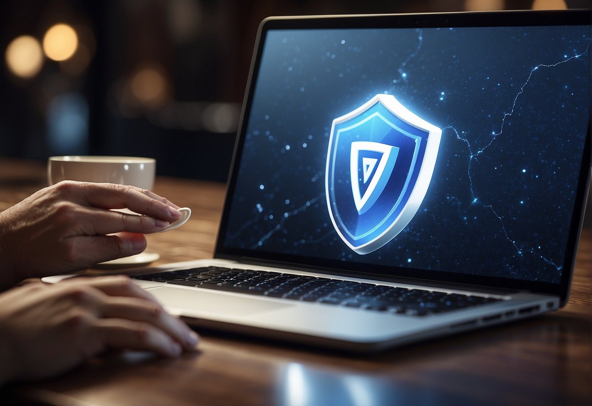 A person using a laptop with a VPN connection, surrounded by a shield symbolizing security and privacy, while accessing their Coinbase account