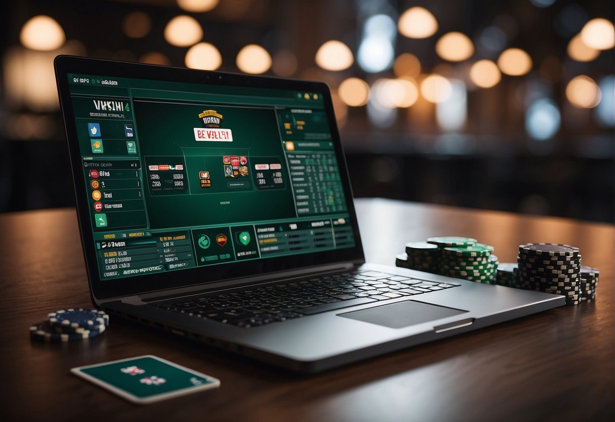 A laptop with a VPN connection, poker chips, and cards on a table