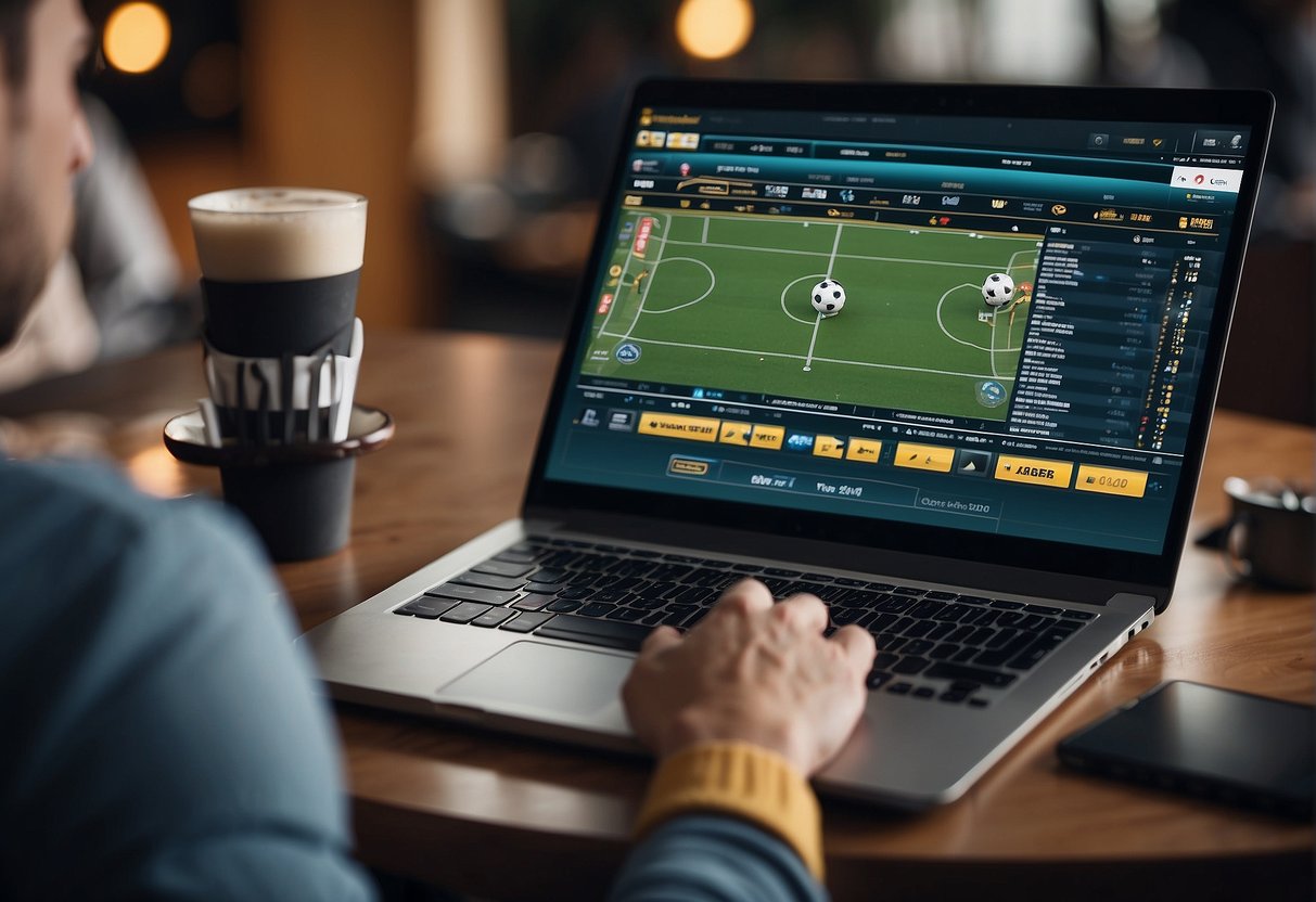 A person using a laptop to access a sports betting website while connected to a VPN. The laptop screen displays odds and a sports event