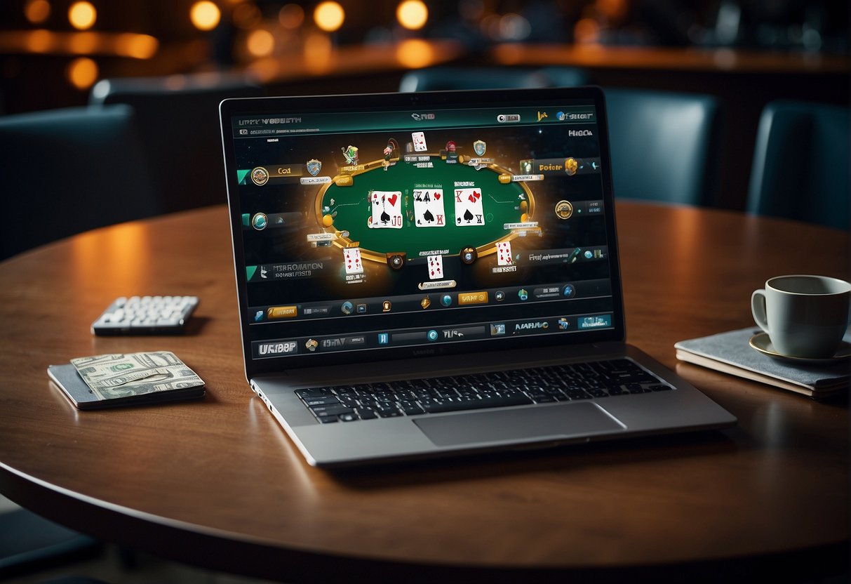 A laptop displaying a poker game with a VPN logo in the corner. The screen shows secure connections and masked IP addresses