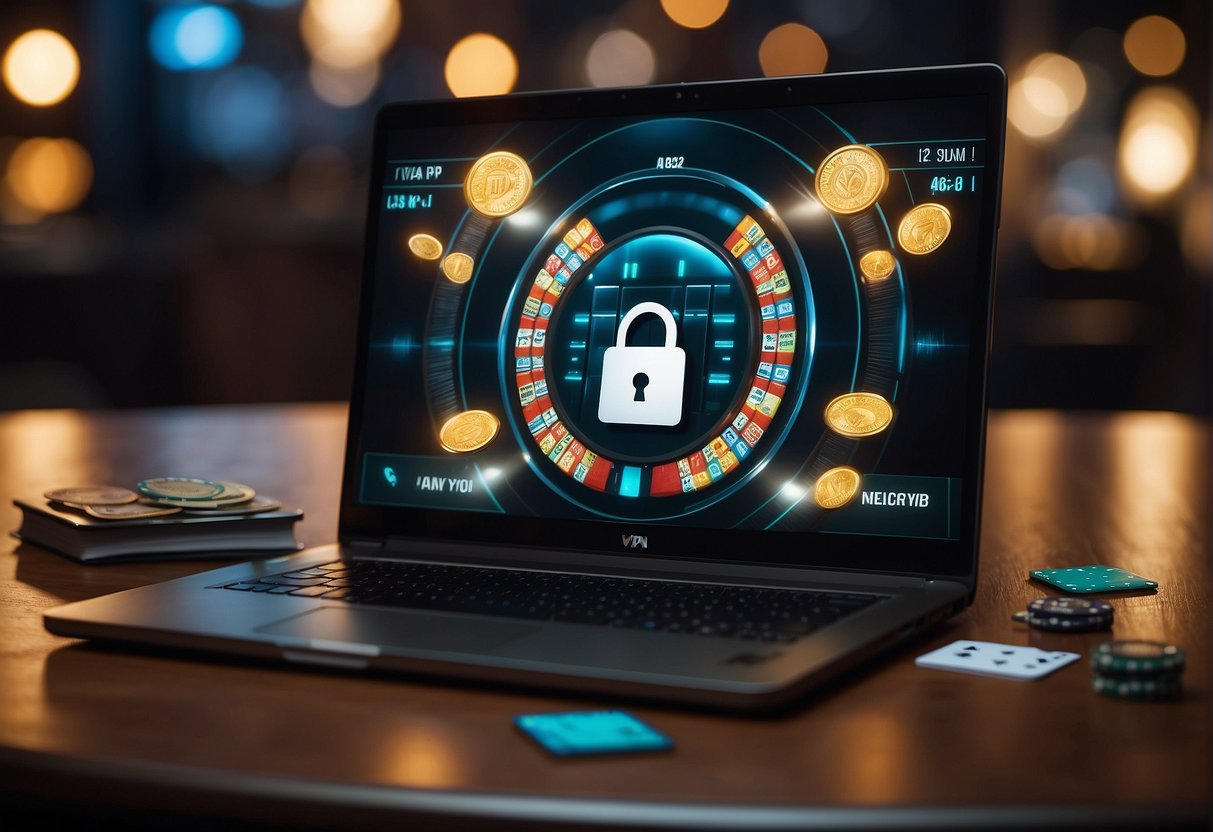 A laptop with a VPN logo on the screen, surrounded by poker chips and cards. Security padlock icon displayed prominently