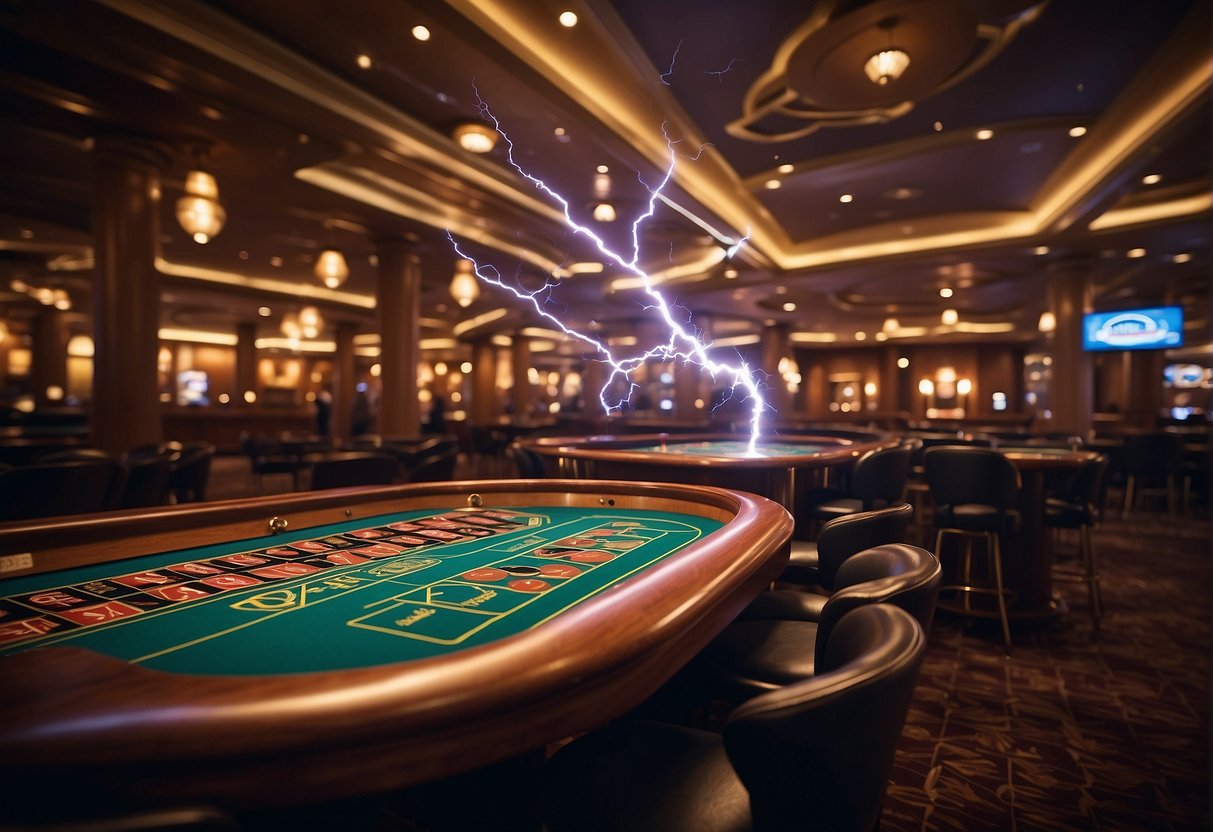 A lightning bolt strikes a casino, connecting it to a network of lightning bolts, symbolizing the Lightning Network's speed and connectivity