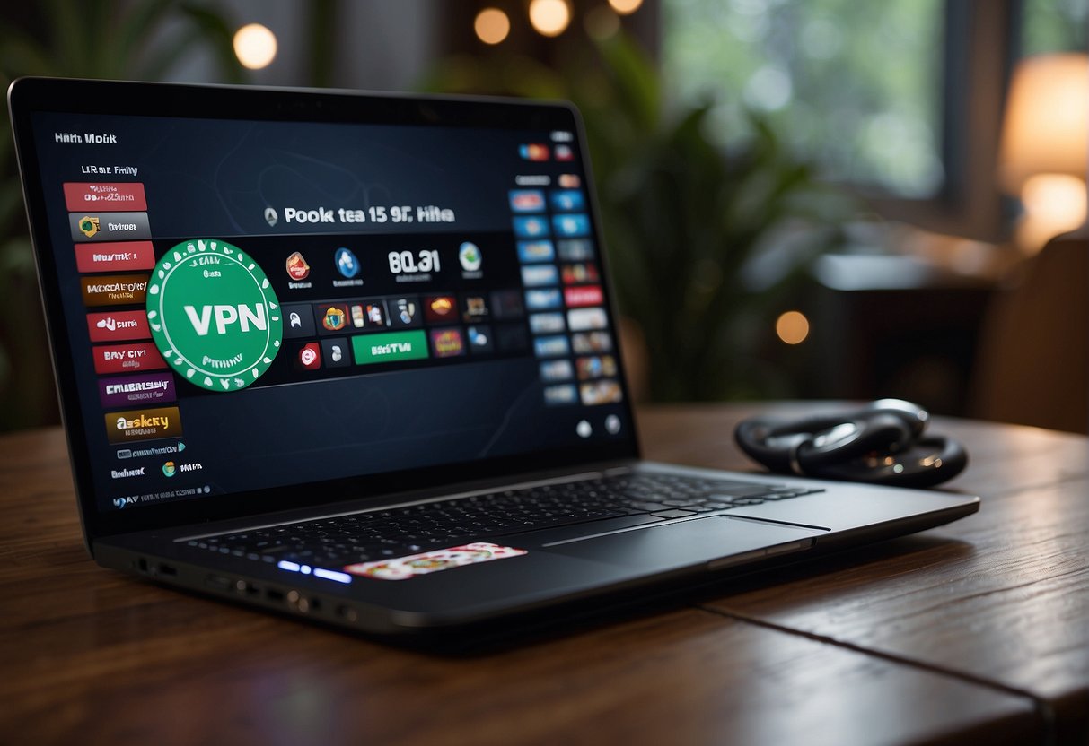 A laptop with a VPN logo connected to an online gambling website, with a stack of poker chips and a deck of cards nearby