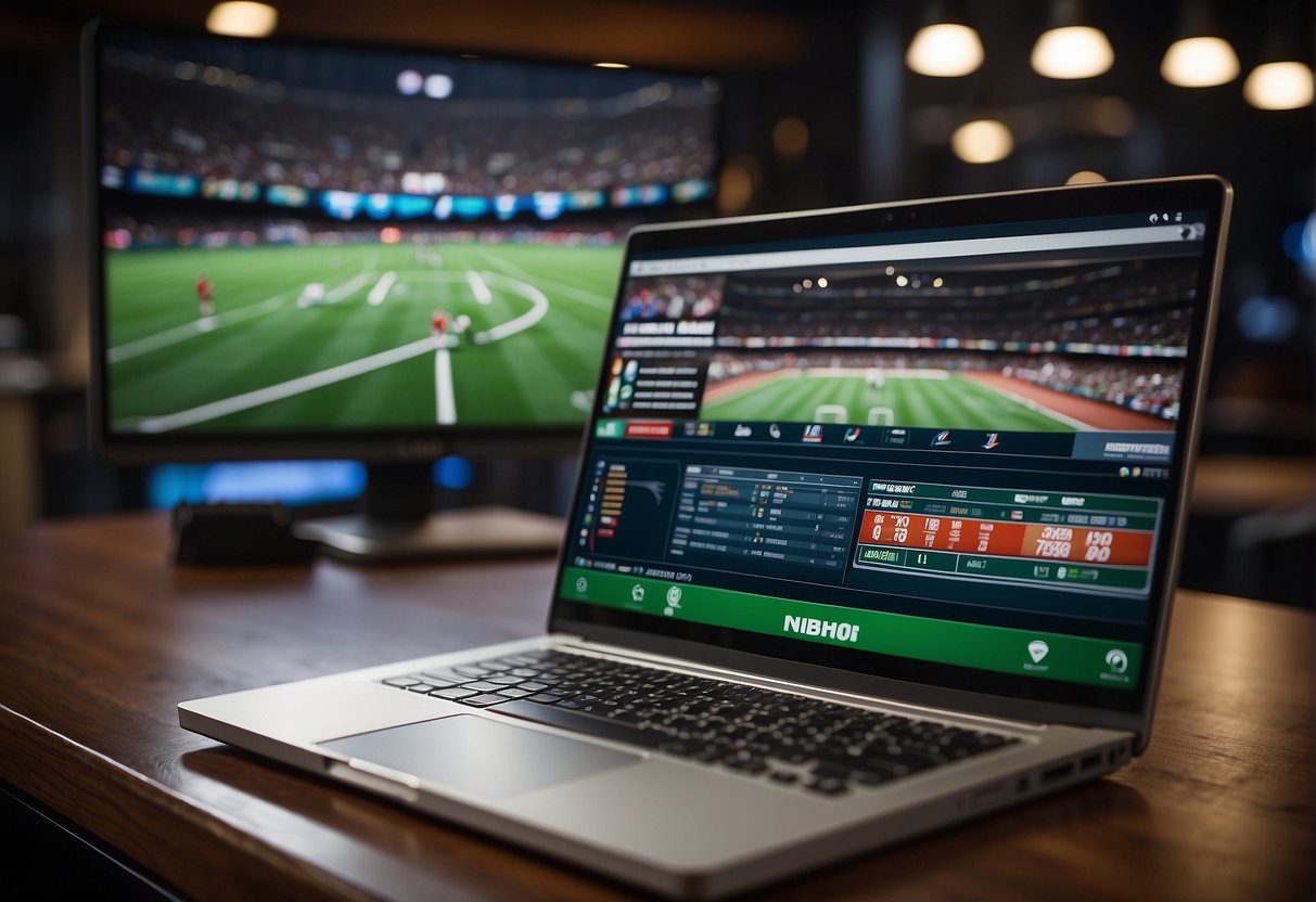 A laptop with a VPN logo on the screen, next to a sports betting website, with a sports game playing on the TV in the background