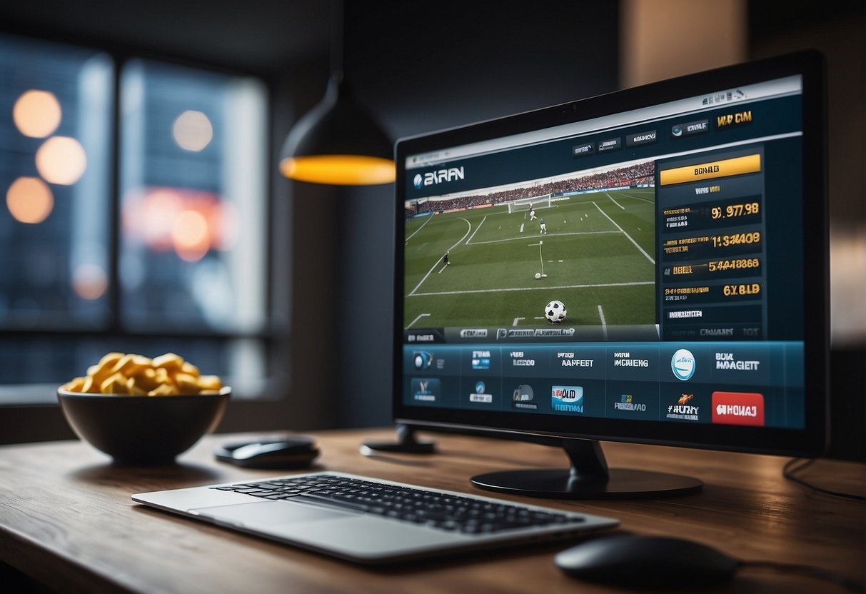 A computer screen displaying a sports betting website with a VPN icon in the corner, while a sports game plays on the TV in the background