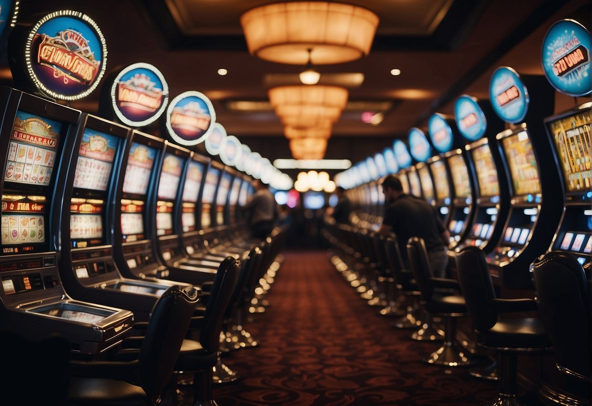 Brightly lit casino with rows of slot machines and card tables. Excited patrons placing bets and cheering. Dealers shuffling cards and spinning roulette wheels