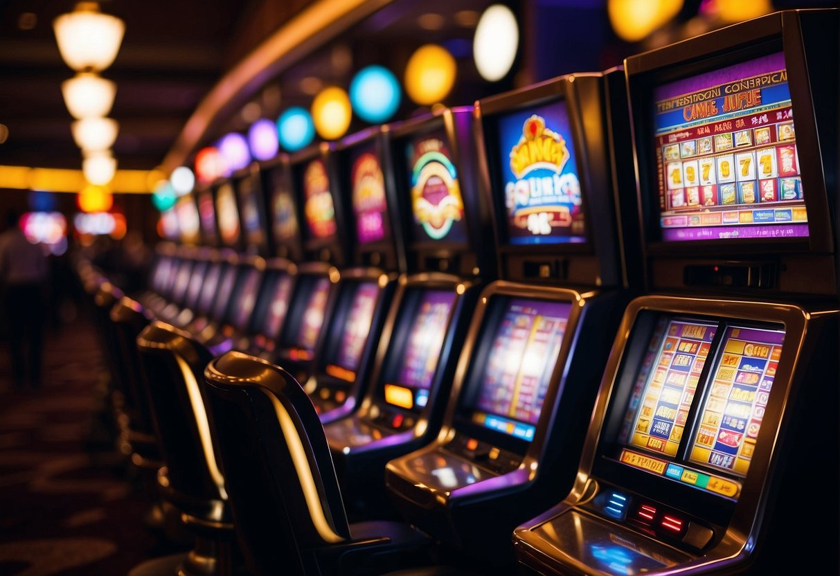 Bright lights and colorful slot machines fill the bustling casino floor. Players eagerly place their bets while the sound of cards shuffling and cheers of winners fill the air