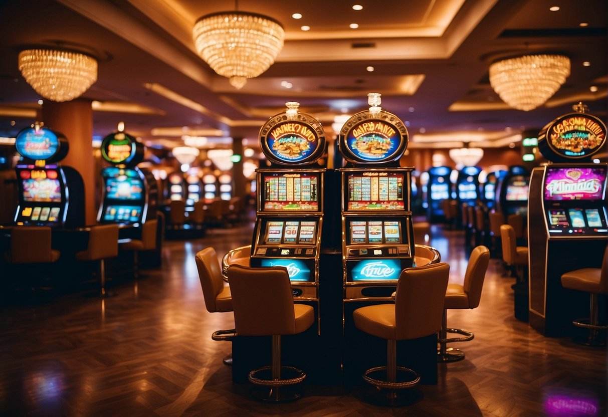 Bright lights and vibrant colors fill the luxurious casino floors in Aruba, with sleek slot machines and elegant card tables creating an atmosphere of excitement and glamour