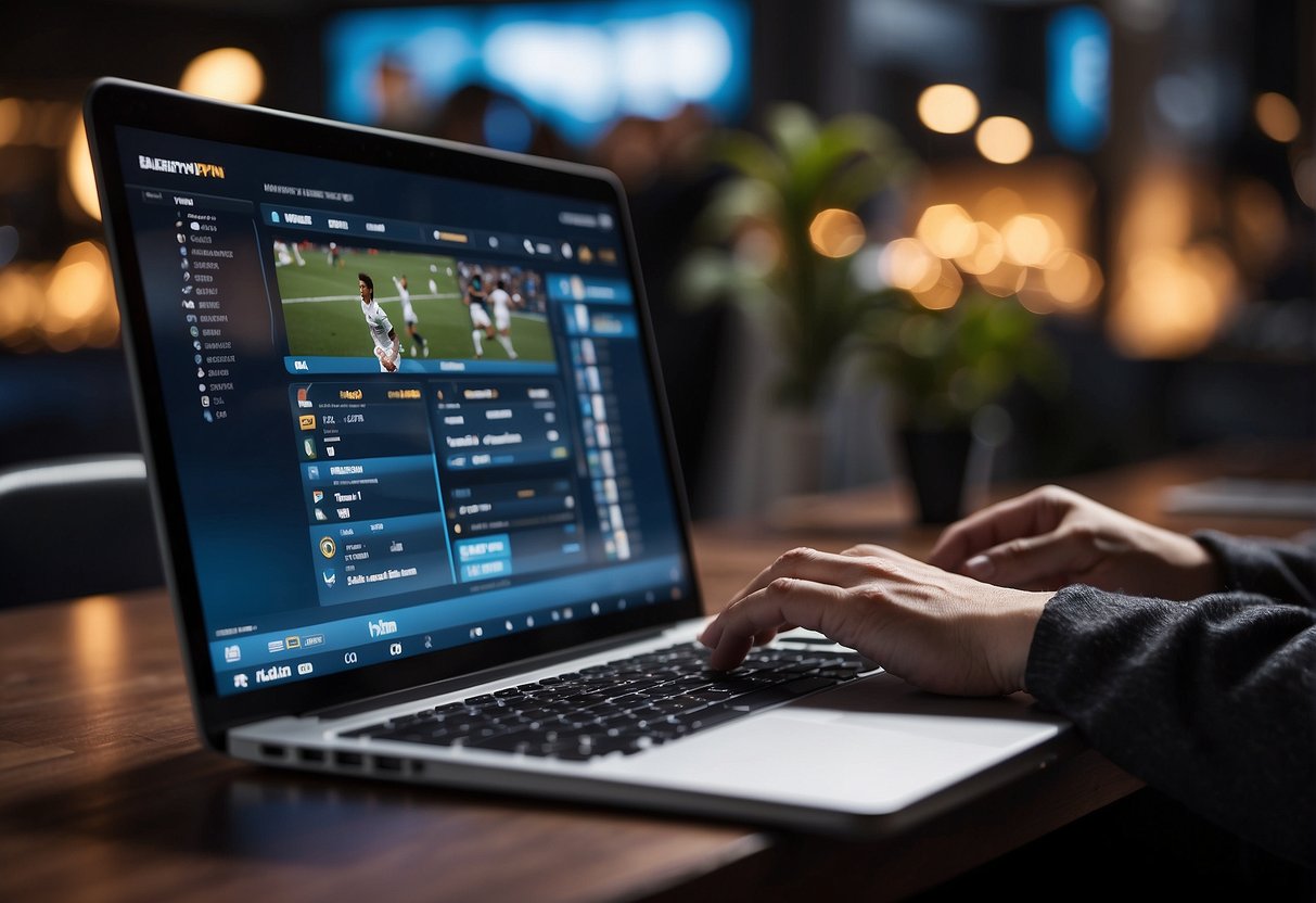 Uma pessoa navegando em sites de apostas esportivas com um laptop e selecionando uma VPN para segurança e acesso