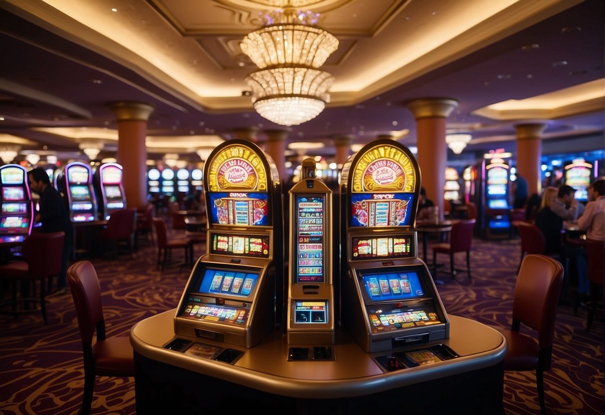 Luces brillantes y colores vibrantes llenan la bulliciosa sala del casino, con máquinas tragamonedas y mesas de juego que atraen a los clientes emocionados. El ambiente es animado y enérgico, con sonidos de risas y chips tintineando llenando el aire.