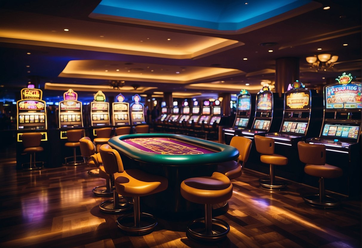 Pisos de casino bien iluminados con hileras de máquinas tragamonedas y mesas de juego. Atmósfera colorida y vibrante con jugadores participando en varios juegos.
