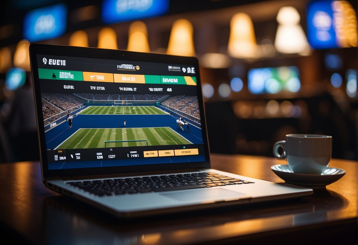 A laptop with a VPN logo connected to a sports betting website, with a sports game playing on the screen in the background
