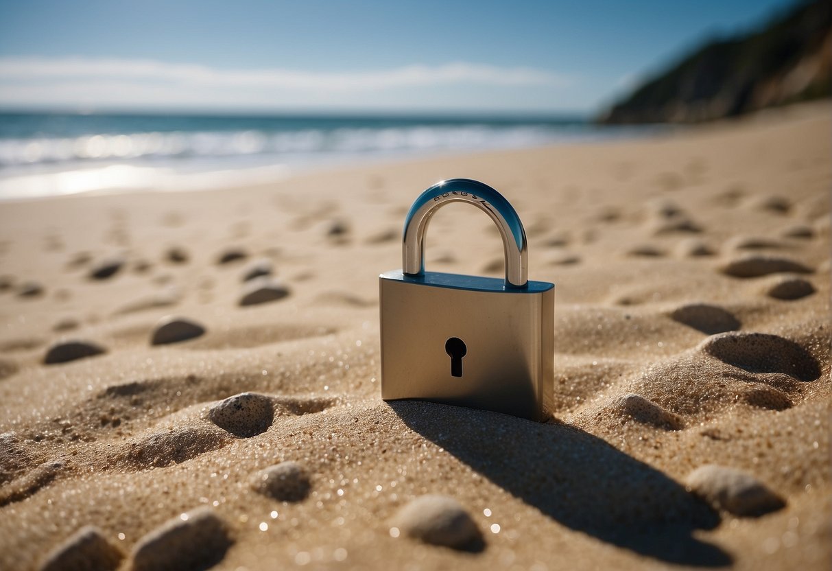 Een rustig strand met een computer en een slotsymbool, dat een veilige internetverbinding symboliseert