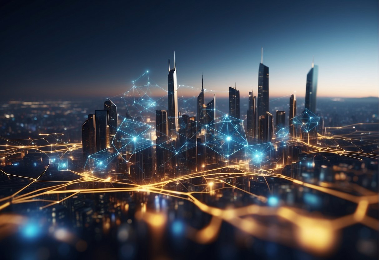 Un horizon urbain futuriste avec des nœuds interconnectés représentant les principes fondamentaux de la blockchain