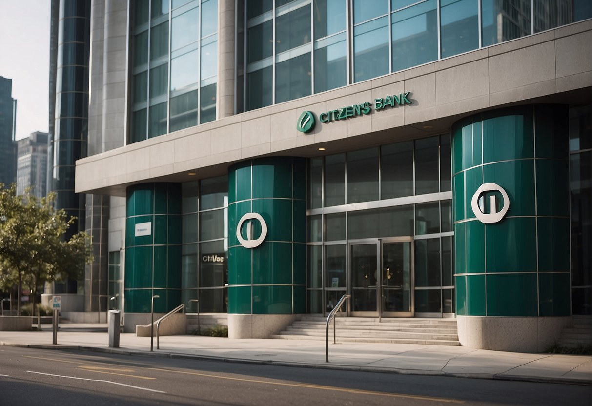 Un bâtiment bancaire moderne avec un design élégant et le logo de la Citizens Bank bien en évidence