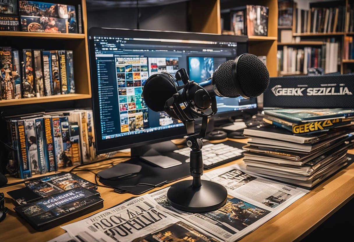 A microphone stands on a desk surrounded by comic books and sci-fi memorabilia. A laptop displays the logo for "Geekzilla Podcast" as the host prepares to record