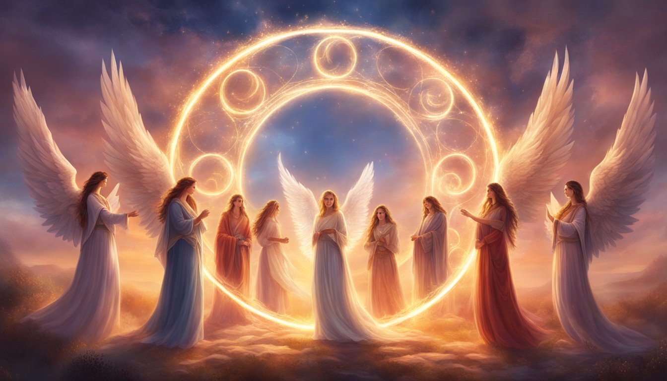 Seven angel numbers arranged in a circle, glowing with ethereal light, symbolizing their significance for twin flames