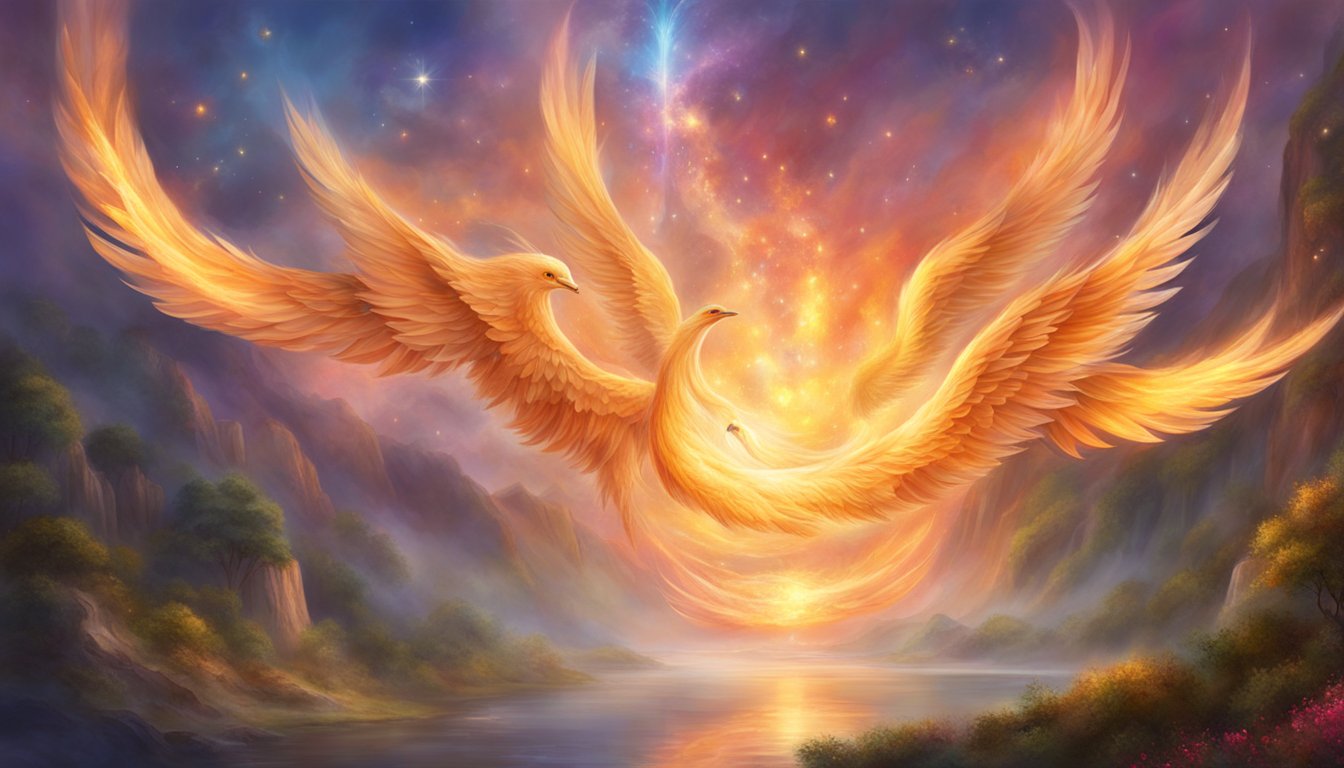 Seven angel numbers float above a glowing flame, radiating wisdom and encouragement