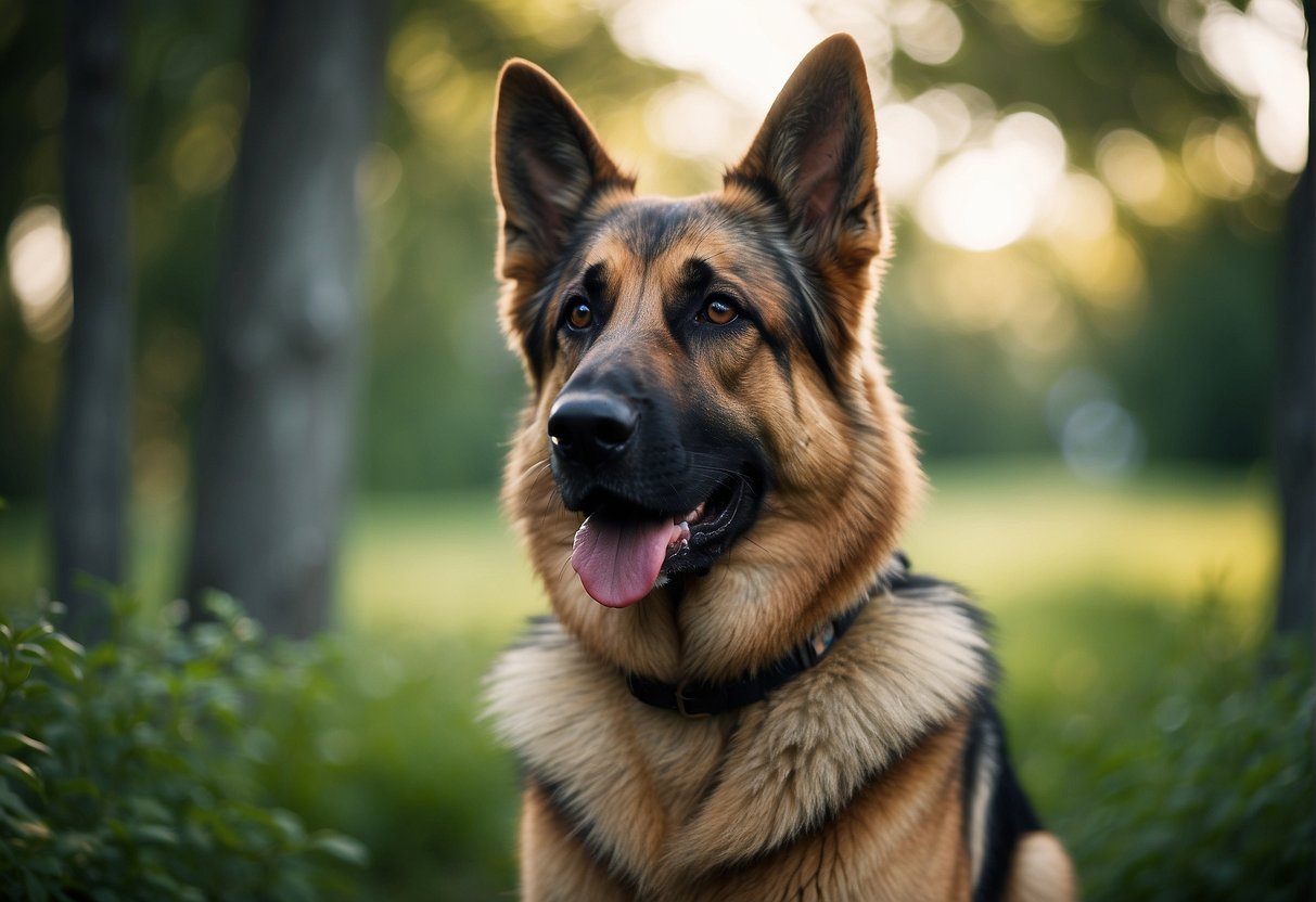 A German Shepherd stands proudly amidst a lush, green landscape, with a regal and alert expression, showcasing its strong and muscular build