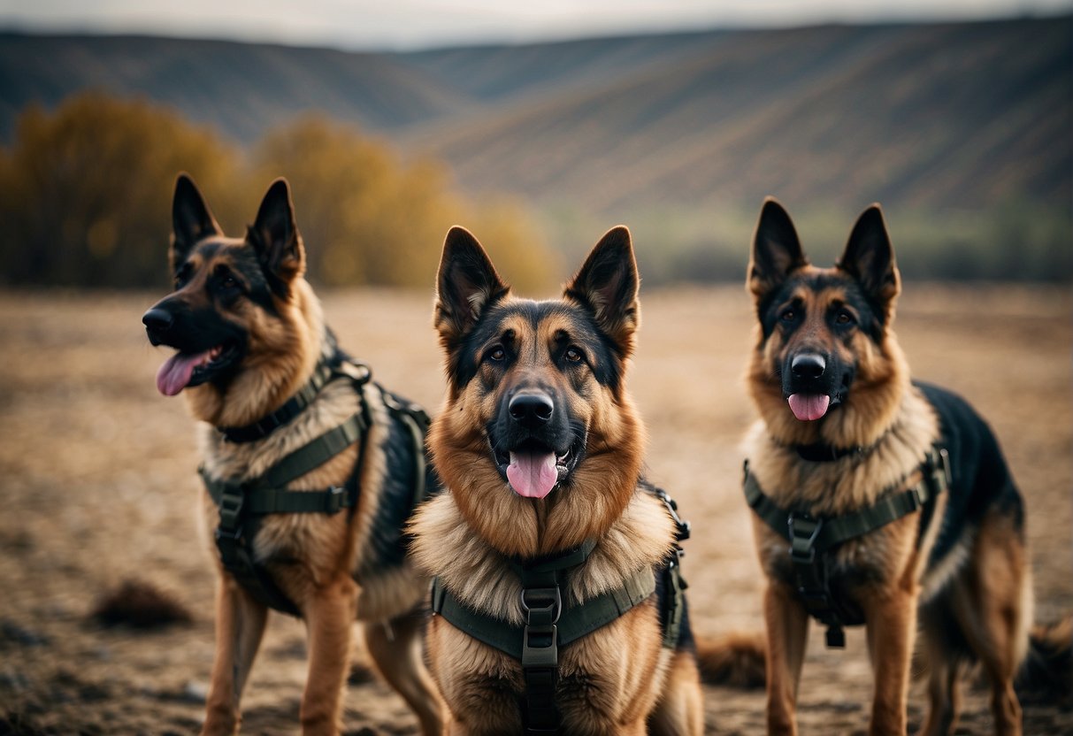 German Shepherds stand alert in a war-torn landscape, wearing military gear and displaying bravery and loyalty