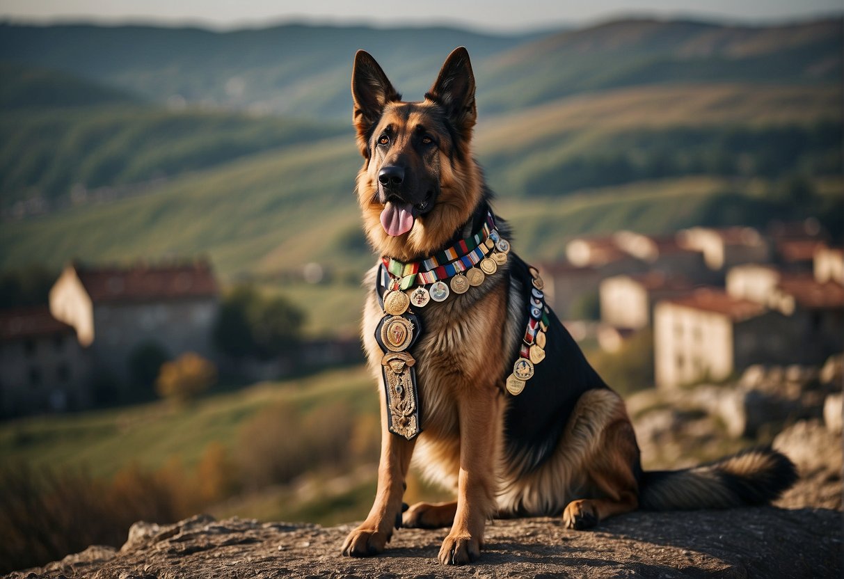 A German Shepherd stands proudly, adorned with medals and ribbons, against a backdrop of war-torn landscapes