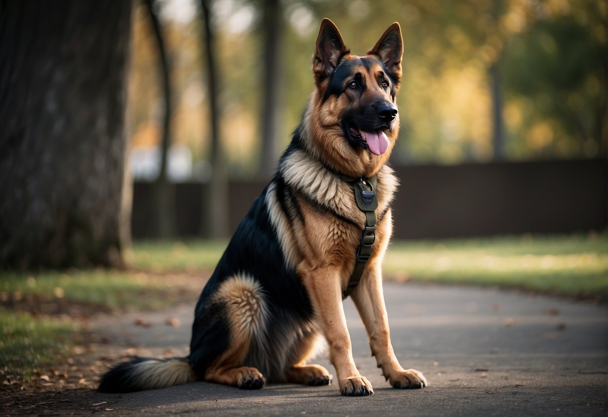 A German Shepherd stands alert in a military or police setting, with a determined and brave expression, ready to serve and protect
