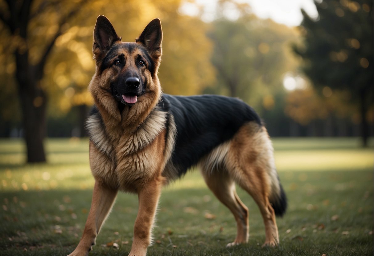 A German Shepherd stands proudly, showcasing its strong, muscular build and alert expression. Its coat is a rich tan and black, with a confident stance that exudes intelligence and loyalty