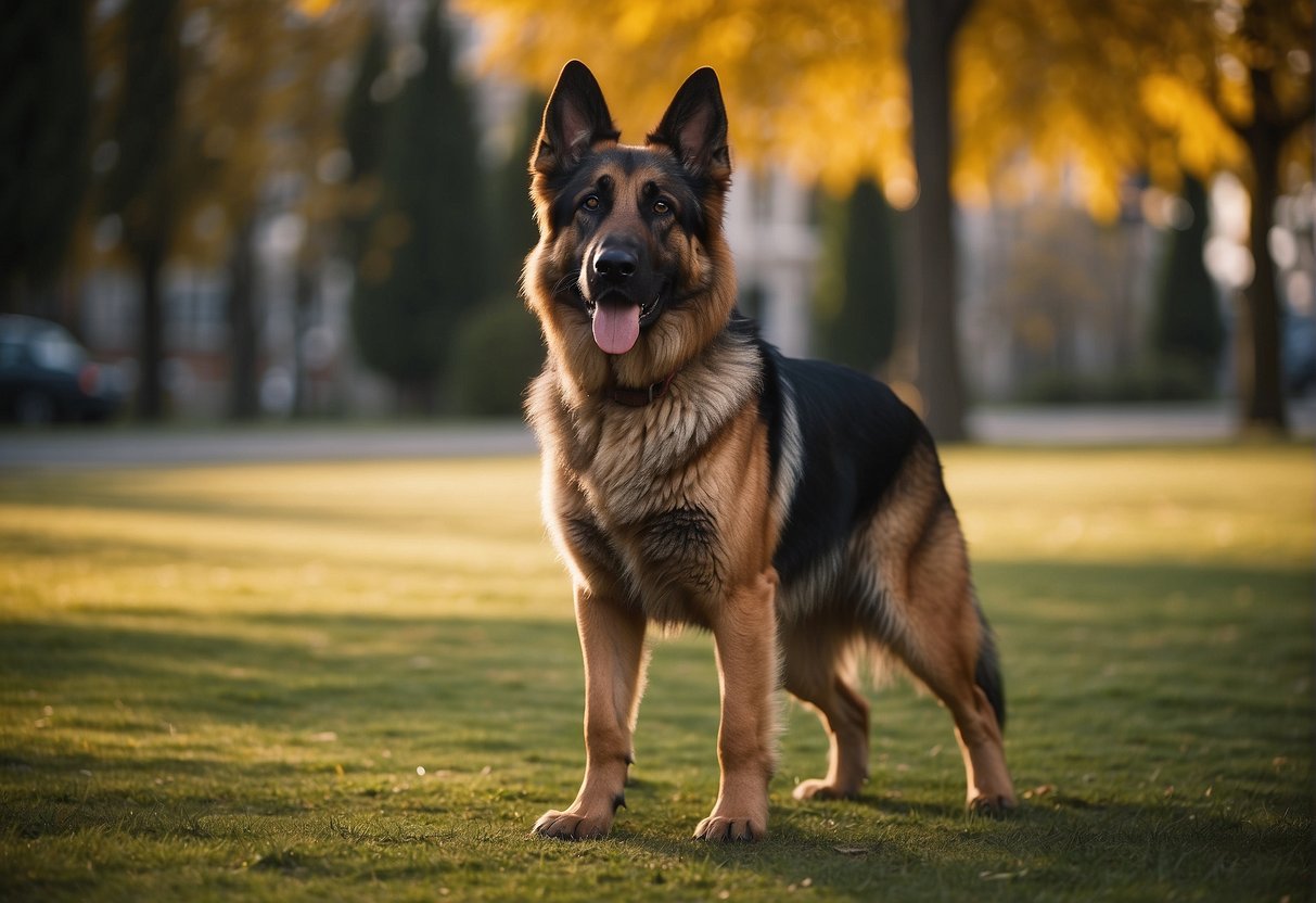 A German Shepherd standing tall, with a strong, muscular build. Its coat is thick and luxurious, with the classic tan and black coloring. The dog exudes confidence and intelligence, with a proud and alert expression. German Shepherd Breed Standard