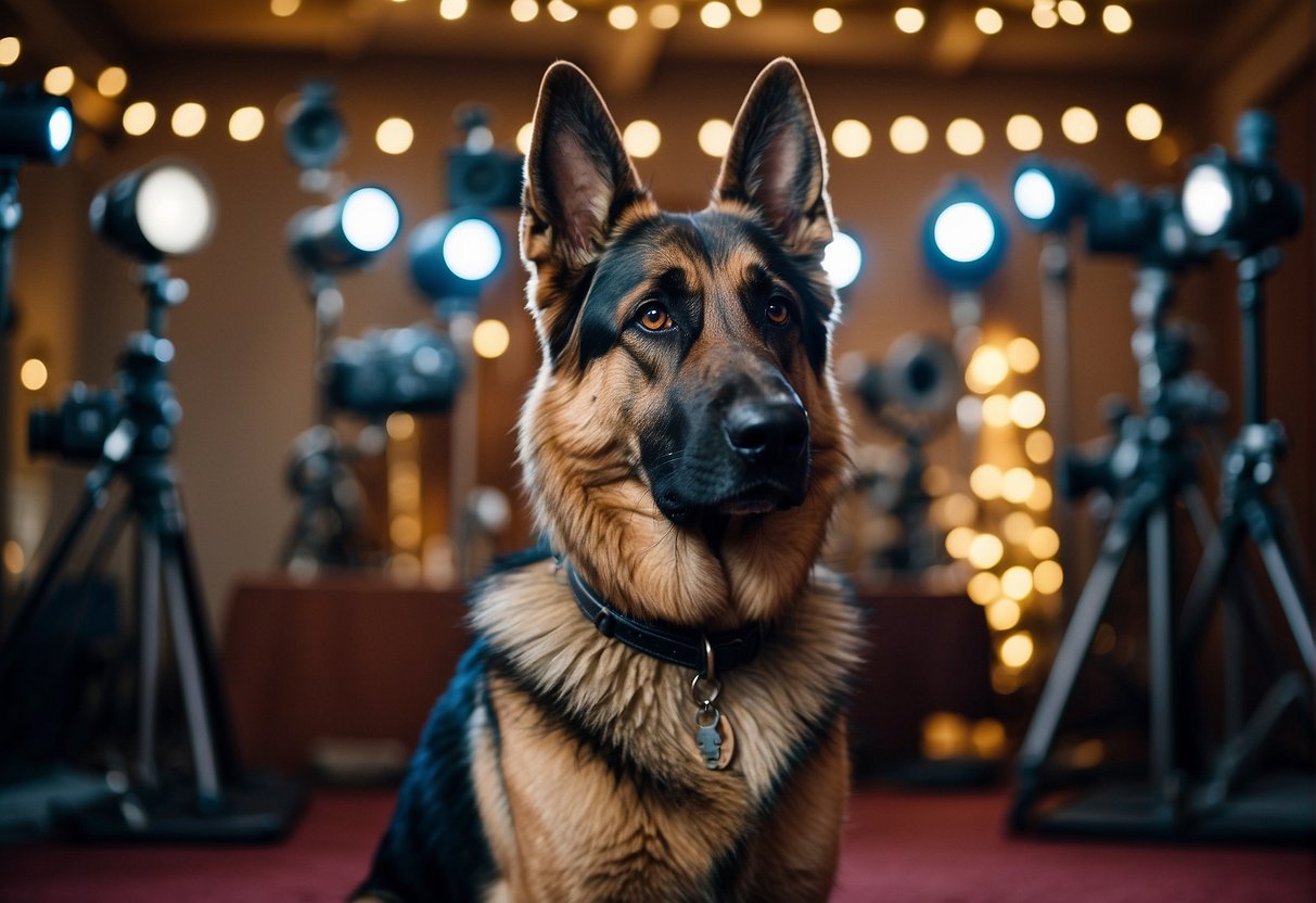 A German Shepherd stands proudly on a movie set, surrounded by cameras and lights. Posters of Rin Tin Tin and other famous Shepherds adorn the walls