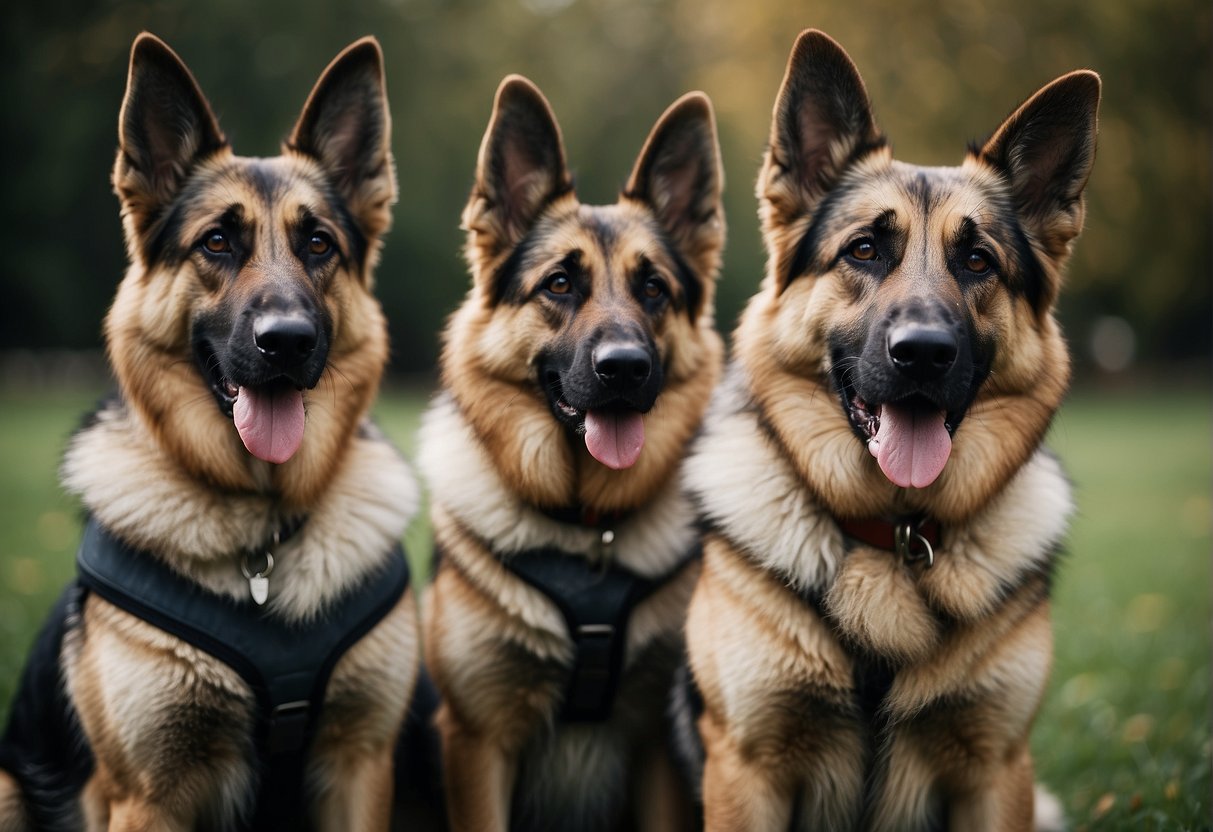 German Shepherds stand proudly, showcasing their strong, athletic build and intelligent gaze. They are surrounded by other dogs of various breeds, highlighting their impact on modern breeding practices
