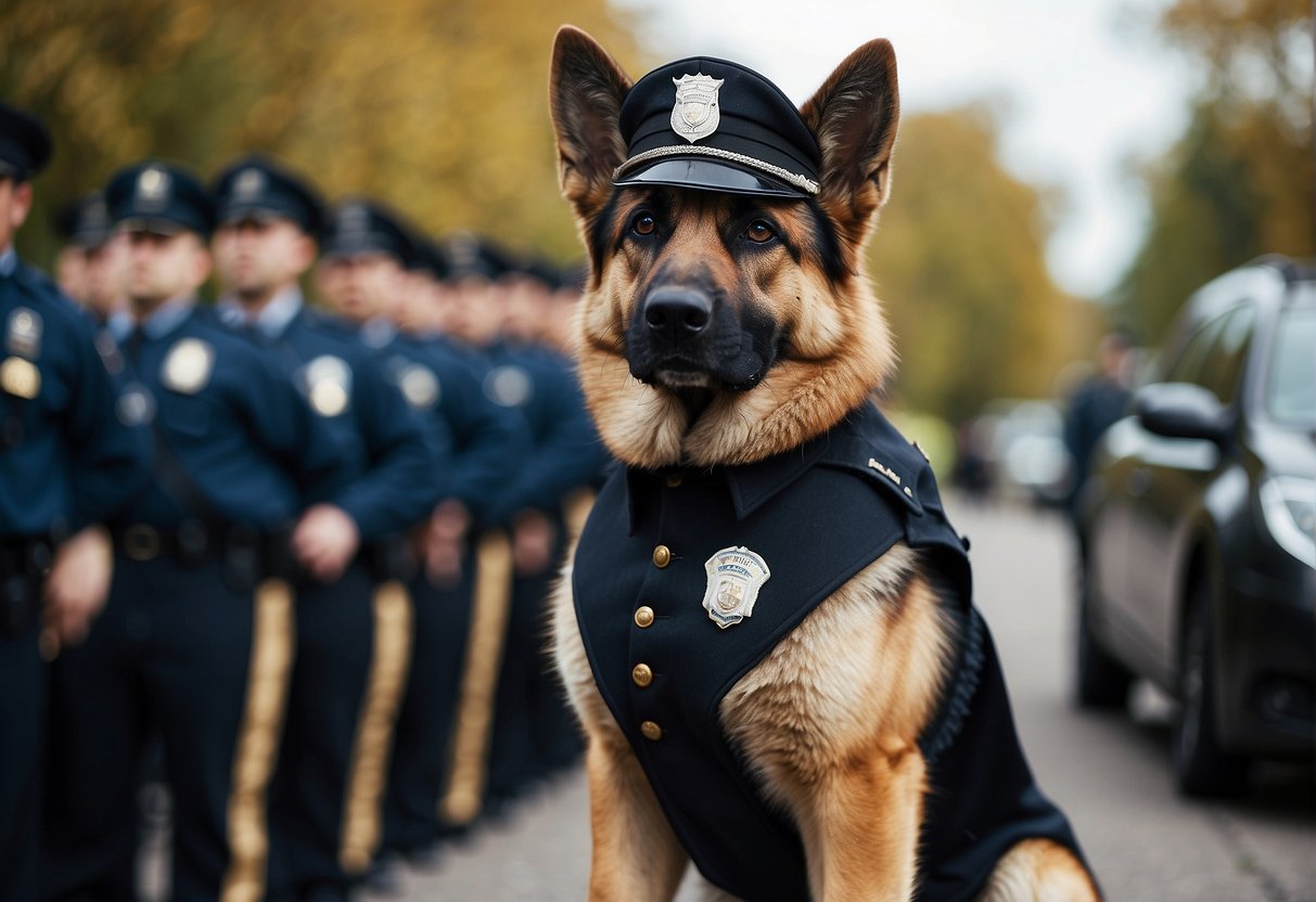 A German Shepherd stands proudly in a police uniform, symbolizing their role in law enforcement and popular culture