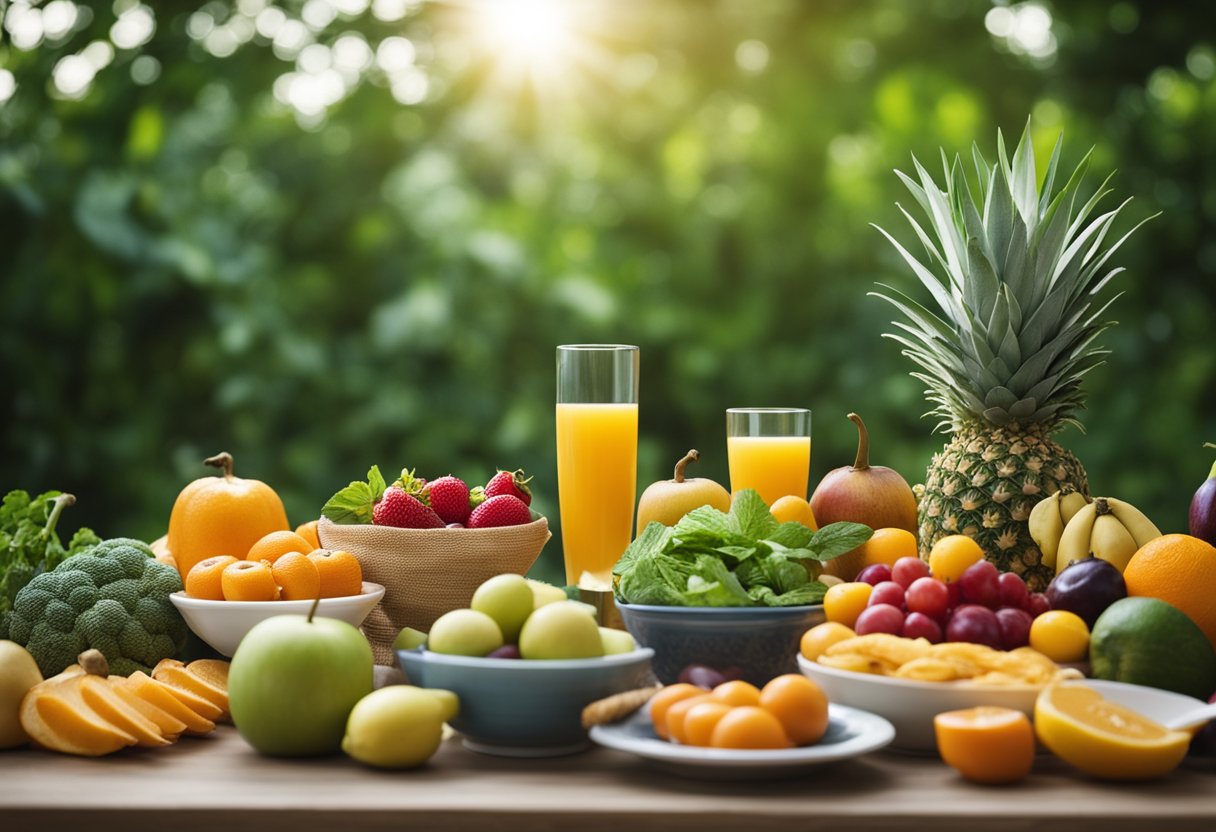 Healthy Eating and Stress Management: A colorful table with a variety of fruits, vegetables, and whole grains. A serene natural setting with a peaceful atmosphere